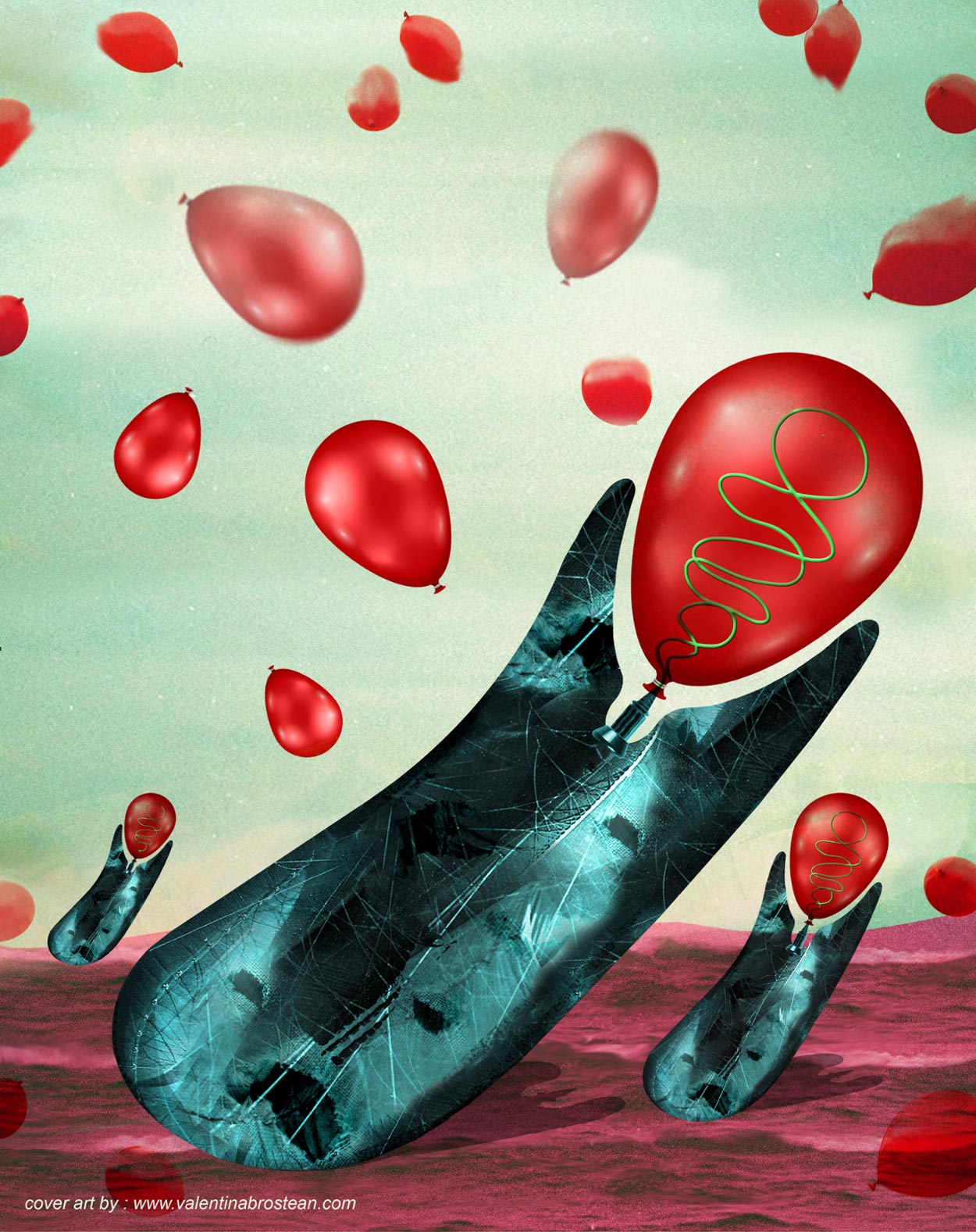 Artistic illustration of a spore inflating a balloon